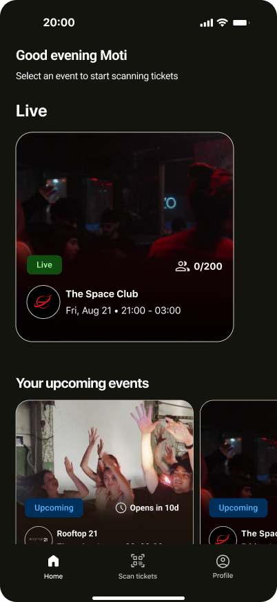 Nightly app: Organizer scanner home