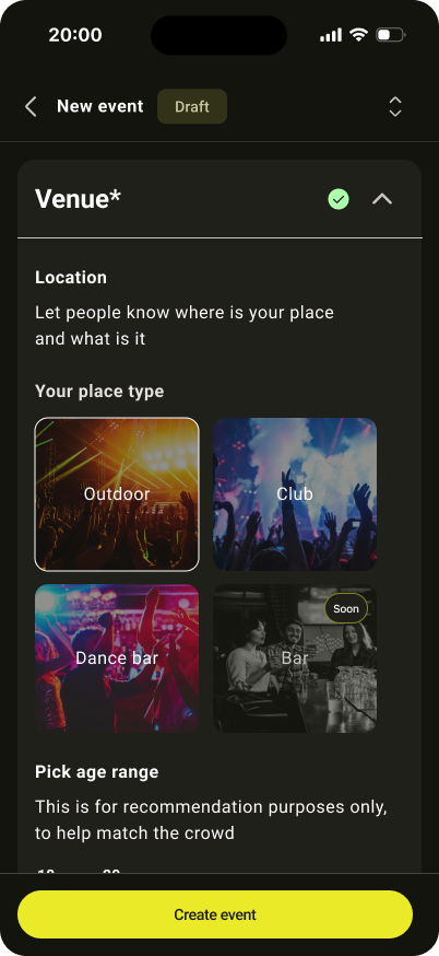 Nightly organizer app: Venue setup screen
