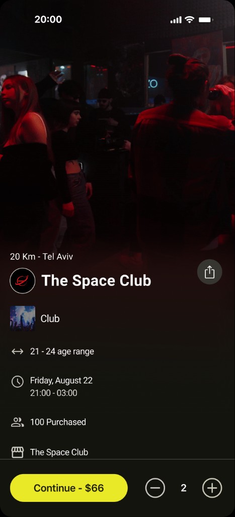Nightly event screen — The Space Club, Tel Aviv